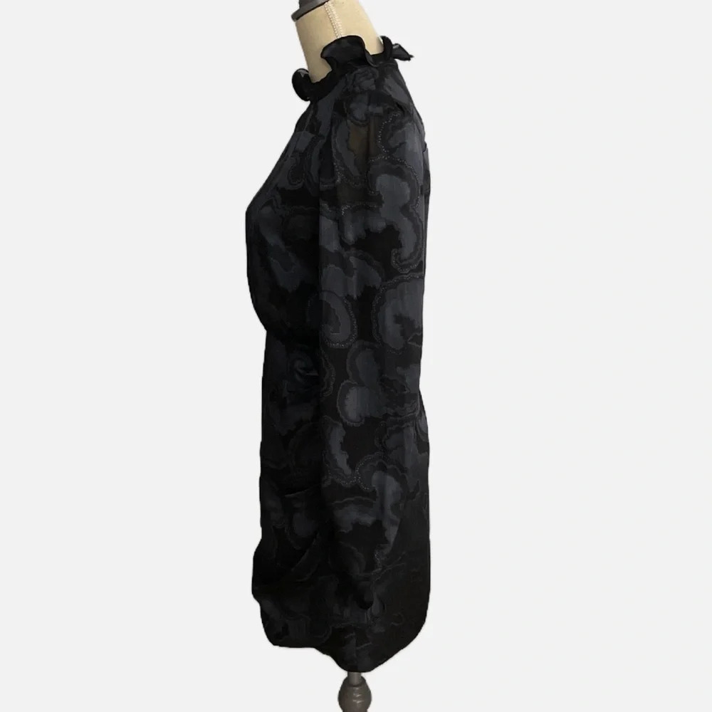 Saloni Floral Print Mini Dress Size US 4 Black‎ Grey Ruffles Long Sleeve Silk - Picture 6 of 12